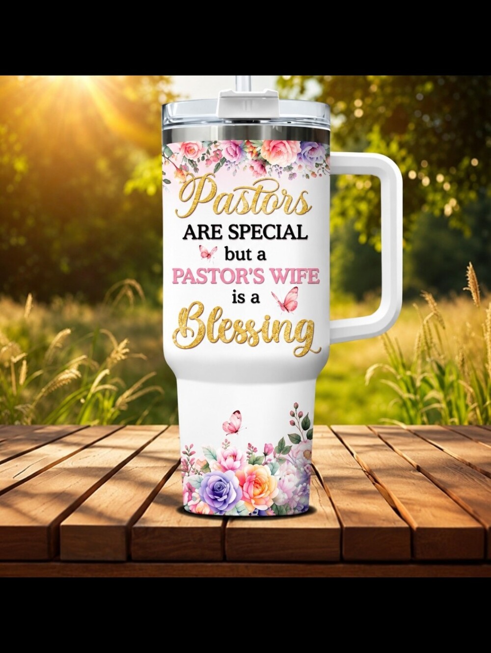 Floral "Pastor's Wife is a Blessing" Tumbler Factory Sealed With Straw/Cleaner